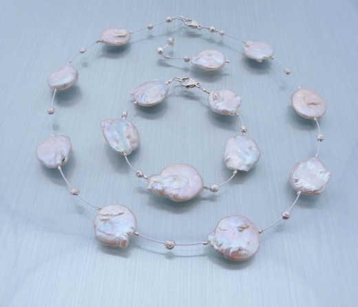 Suesswasserzuchtperlenset Discus Halskette, Armband und Ohrringe - verkauft